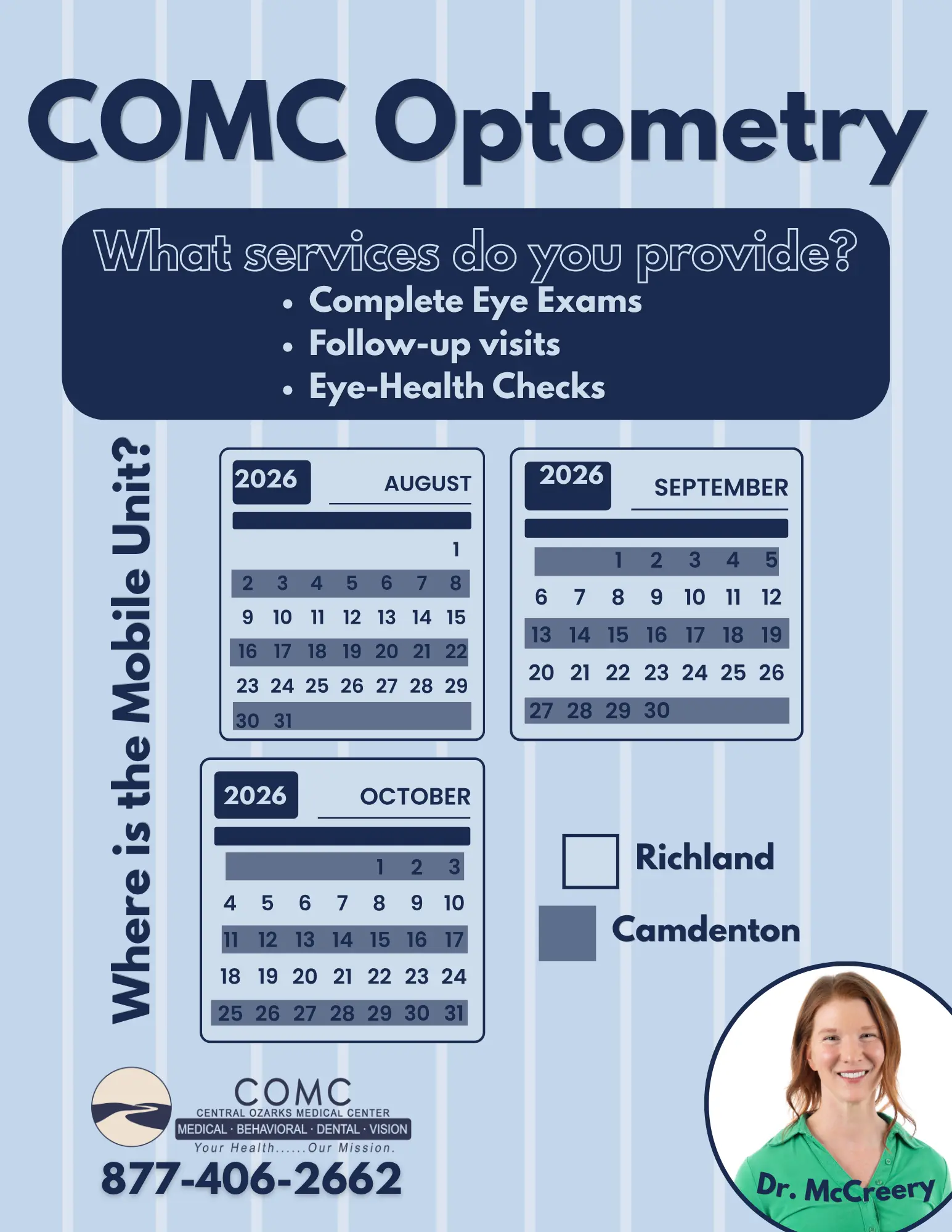 Mobile Optometry Unit Schedule for August, September and October 2026